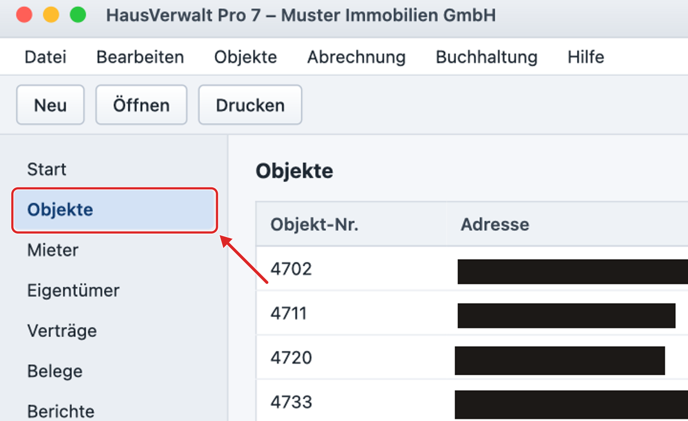 Anleitungsbild: roter Rahmen um den Menüpunkt „Objekte“