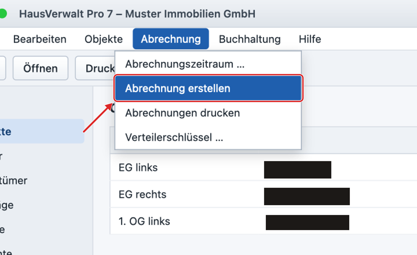 Schritt aus einer von Klickfolge erstellten Anleitung: roter Rahmen um „Abrechnung erstellen“, Mieternamen geschwärzt